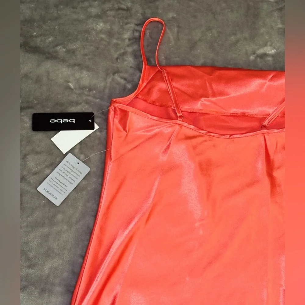 Bebe Size L Orange Satin Midi Dress with Cowl Neck NWT - Picture 6 of 9